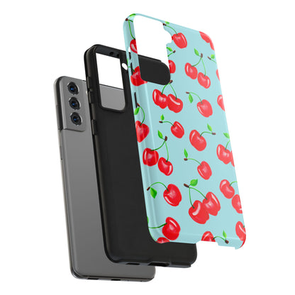 Tossed Red Watercolor Cherries Illustrated Pattern Bright Blue Tough Phone Case | Various Models