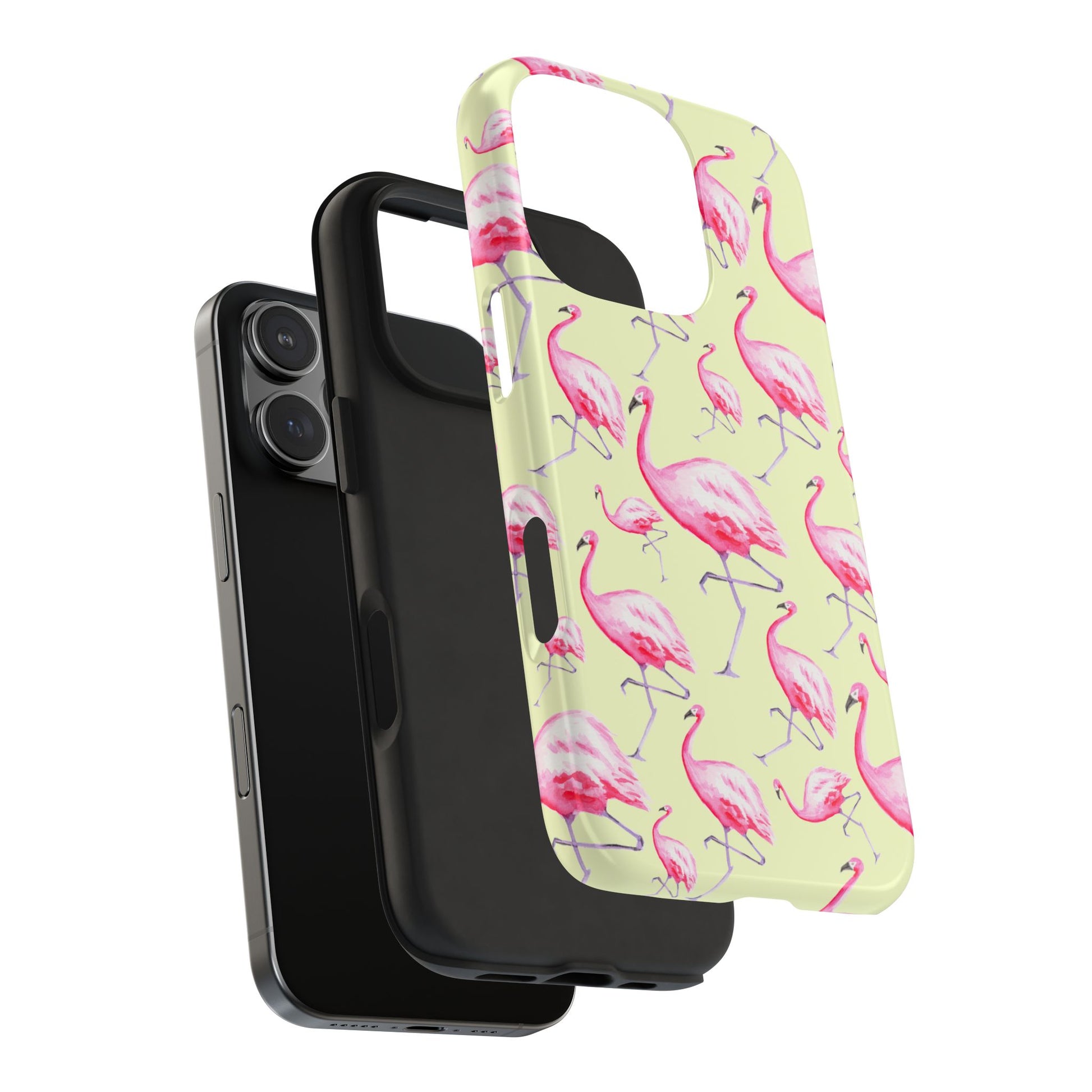 Pink Flamingos Watercolor Illustrated Tossed Pattern Yellow Phone Case | Various Models