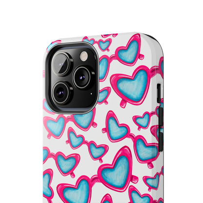 Pink & Blue Heart Shaped Sunglasses Watercolor Illustrated Tossed Pattern Tough Case | Various Models