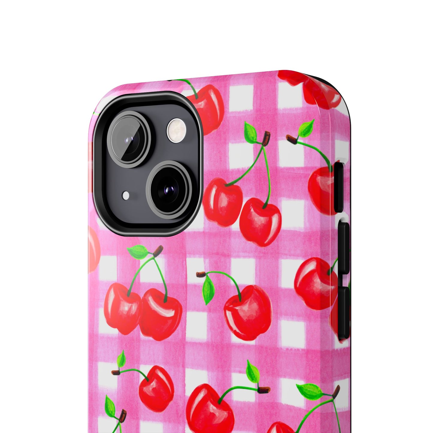 Tossed Red Watercolor Cherries Illustrated Pattern Light Pink Gingham Tough Phone Case | Various Models