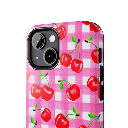 Tossed Red Watercolor Cherries Illustrated Pattern Light Pink Gingham Tough Phone Case | Various Models