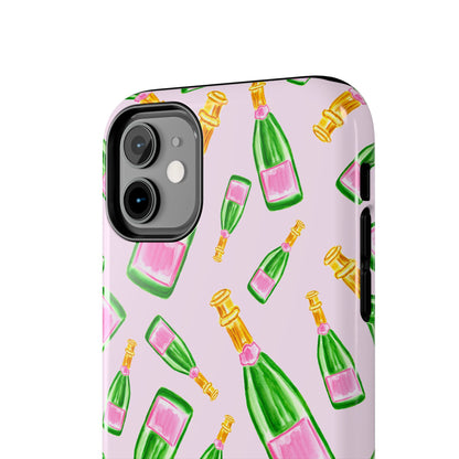 Tossed Pink and Green Watercolor Illustrated Champagne Bottles Pattern Blush Pink Tough Phone Case | Various Models