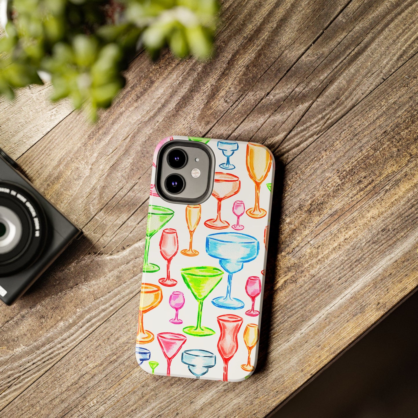 Monochromatic Margarita, Wine, Martini, and Champagne Flute Cocktail Glasses Watercolor Illustrated Tough Phone Case | Various Models Available