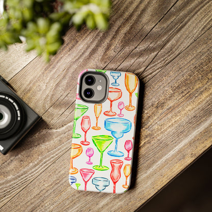 Monochromatic Margarita, Wine, Martini, and Champagne Flute Cocktail Glasses Watercolor Illustrated Tough Phone Case | Various Models Available
