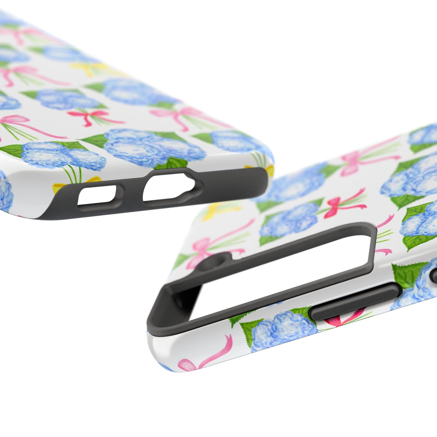 Blue Hydrangeas with Hot Pink, Yellow, Light Pink Bows Watercolor Illustrated Patterned Tough Phone Case | Various Models