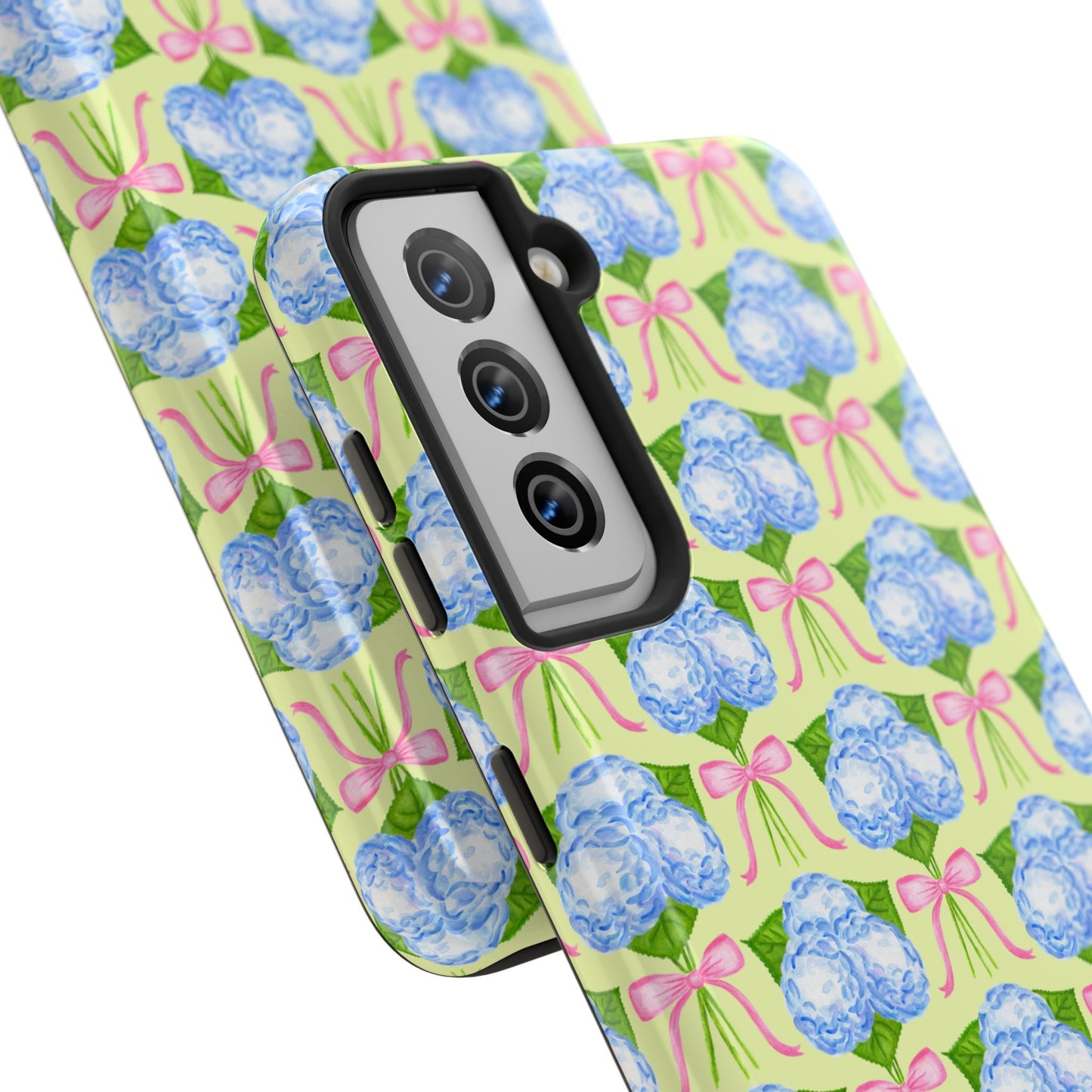 Blue Watercolor Hydrangea Bouquets with Light Pink Bows Watercolor Illustrated Patterned Yellow Tough Phone Case | Various Models