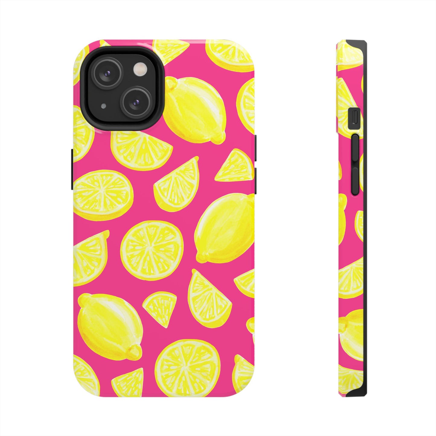 Bright Yellow Lemons Watercolor Illustrated Tossed Pattern Watermelon Pink Tough Phone Case | Various Models