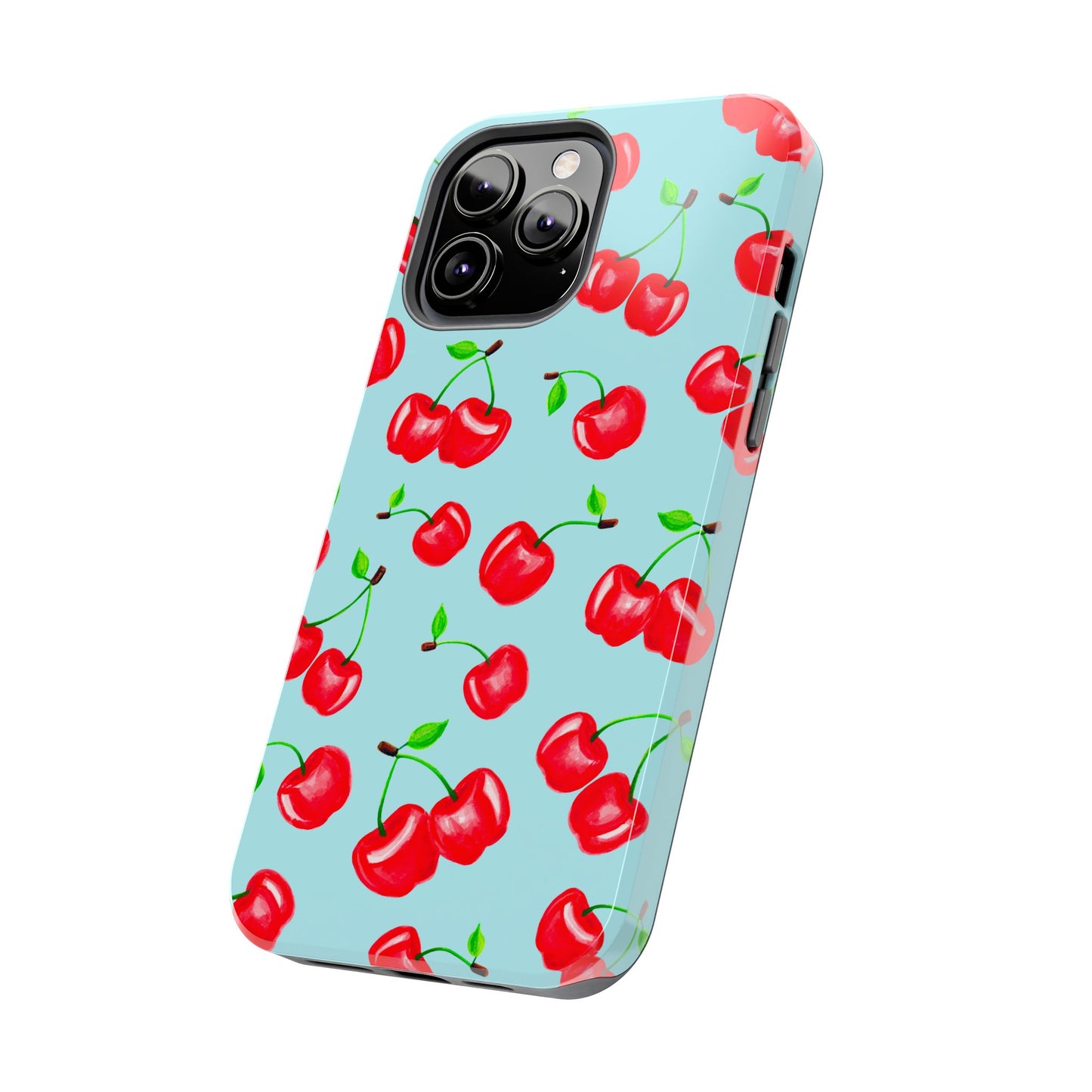 Tossed Red Watercolor Cherries Illustrated Pattern Bright Blue Tough Phone Case | Various Models