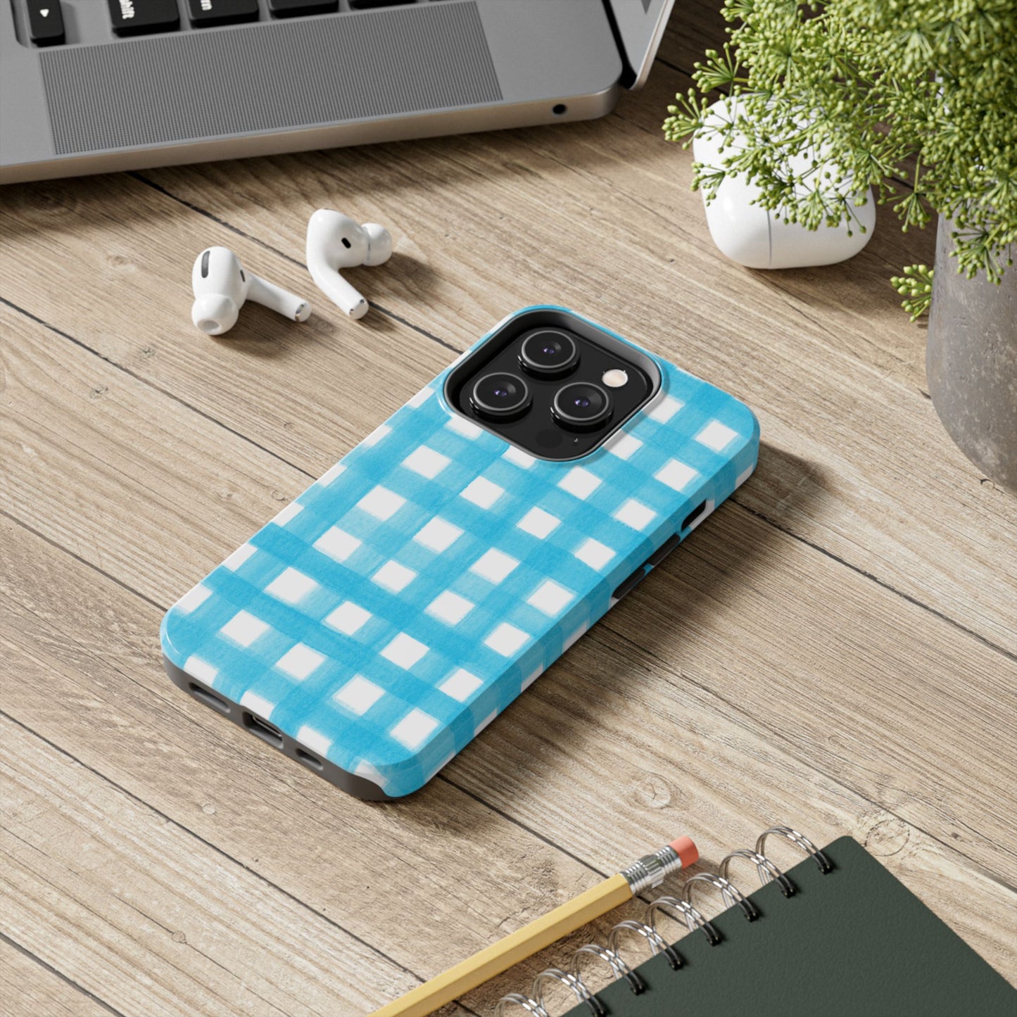 Turquoise Gingham Watercolor Illustrated Tough Phone Case | Various Models Available
