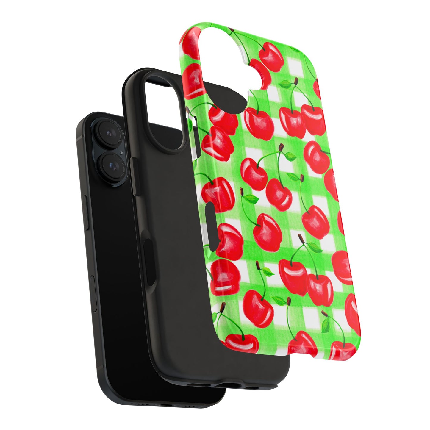 Red Tossed Cherries Green Gingham Watercolor Illustrated Tough Phone Case | Various Models Available