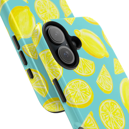 Bright Yellow Lemons Watercolor Illustrated Tossed Pattern Turquoise Blue Tough Phone Case | Various Models