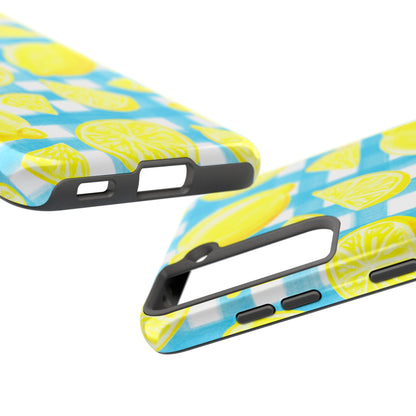 Yellow Lemons & Turquoise Gingham Watercolor Illustrated Tough Phone Case | Various Models Available