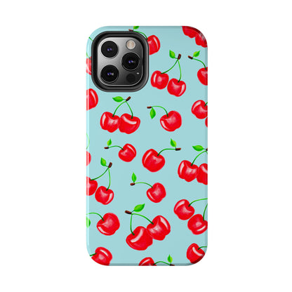 Tossed Red Watercolor Cherries Illustrated Pattern Bright Blue Tough Phone Case | Various Models