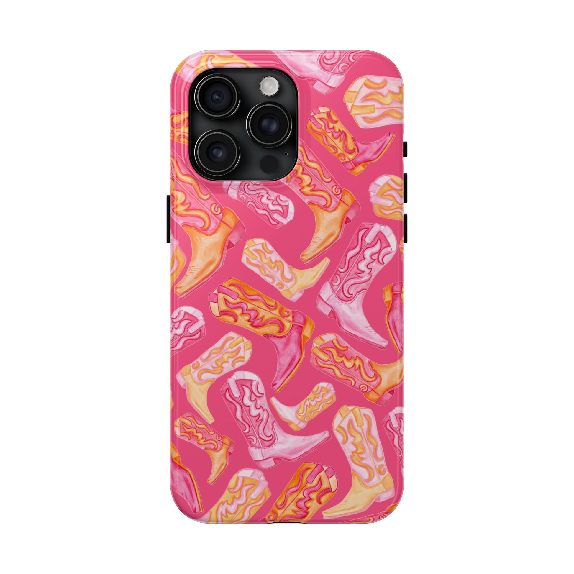 Tossed Hot Pink & Orange Watercolor Cowboy Boots Hot Pink Tough Phone Cases | Various Models iPhone 15 Pro Max