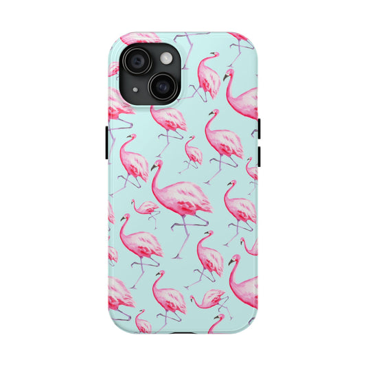 Pink Flamingos Watercolor Illustrated Tossed Pattern Blue Phone Case | Various Models iPhone 15