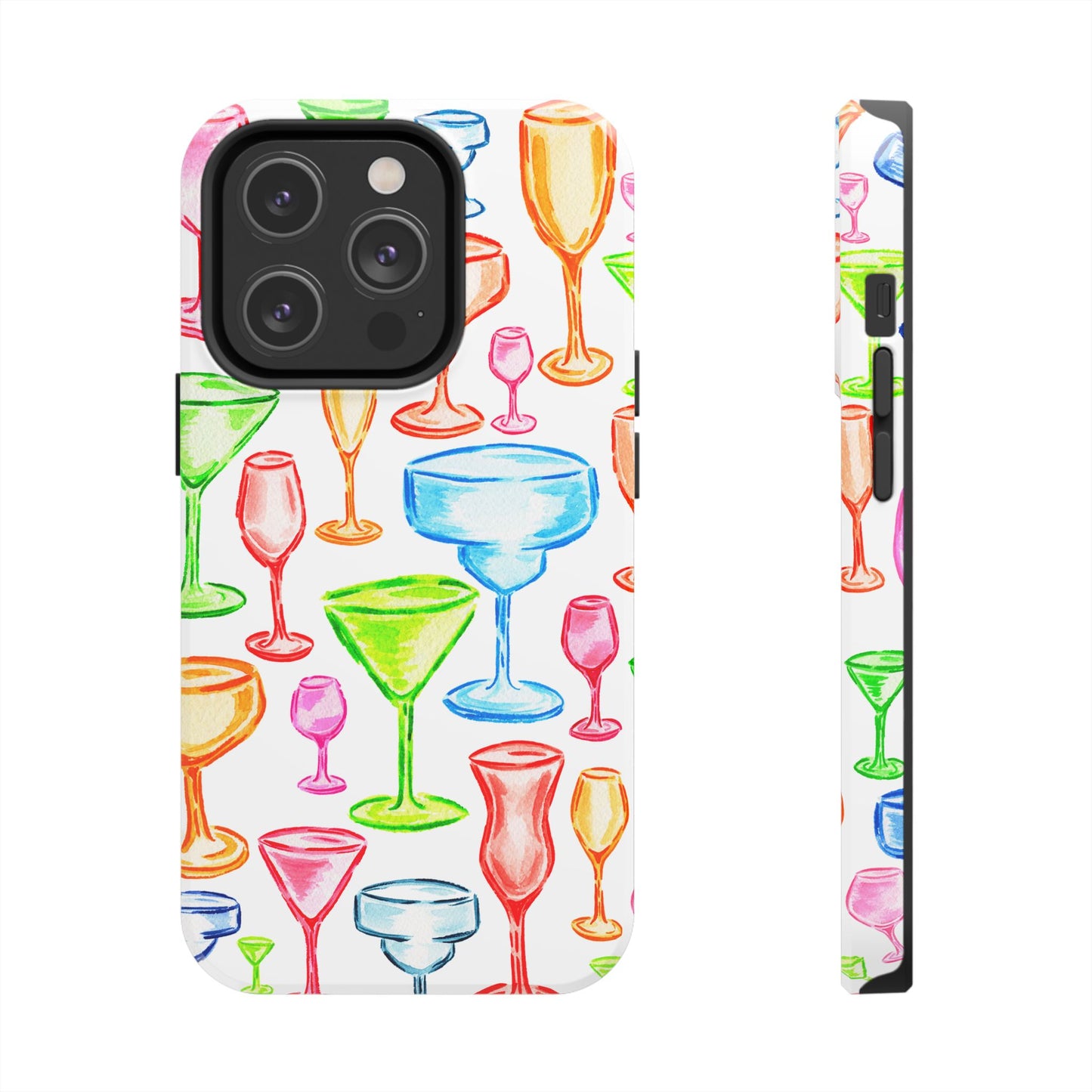 Monochromatic Margarita, Wine, Martini, and Champagne Flute Cocktail Glasses Watercolor Illustrated Tough Phone Case | Various Models Available
