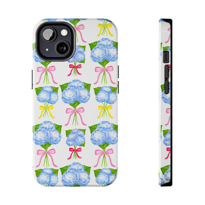 Blue Hydrangeas with Hot Pink, Yellow, Light Pink Bows Watercolor Illustrated Patterned Tough Phone Case | Various Models