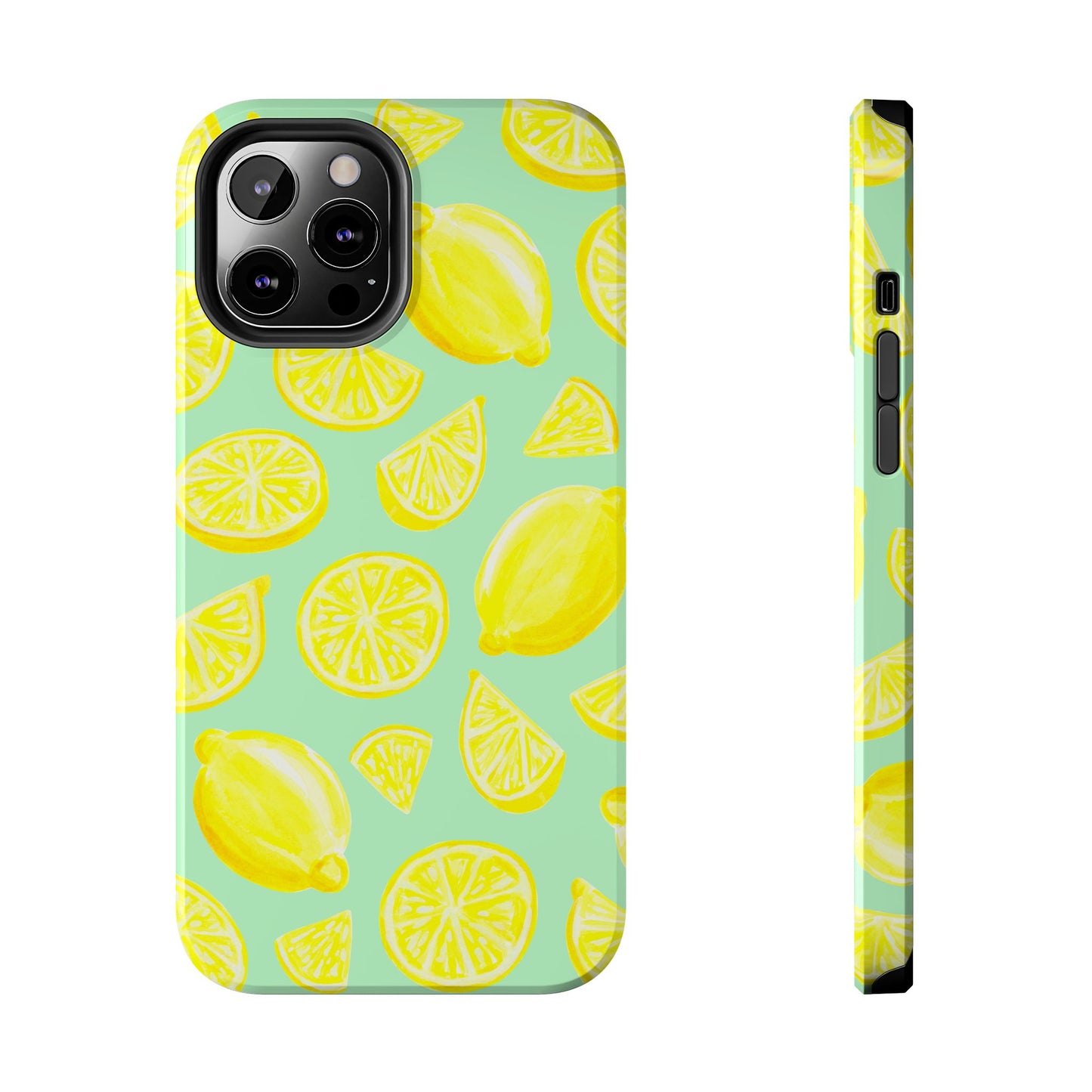 Bright Yellow Lemons Watercolor Illustrated Tossed Pattern Mint Green Tough Phone Case | Various Models