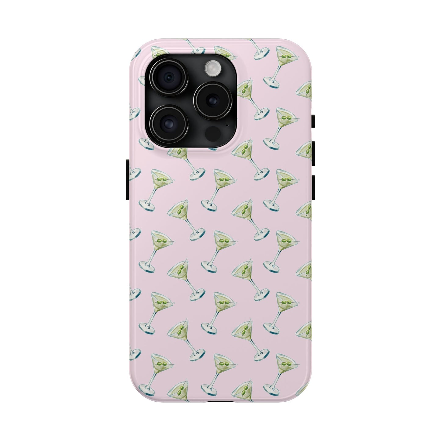 Light Pink Mini Martini Watercolor Illustrated Tossed Pattern Tough Phone Case | Various Models Available iPhone 15 Pro