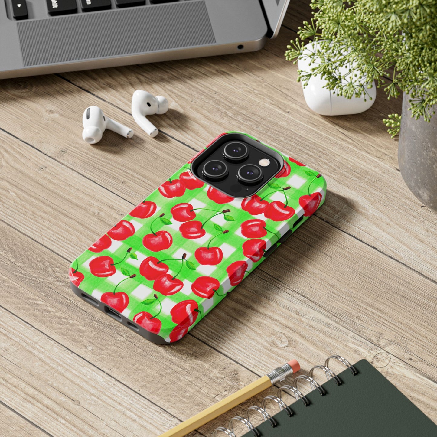 Red Tossed Cherries Green Gingham Watercolor Illustrated Tough Phone Case | Various Models Available