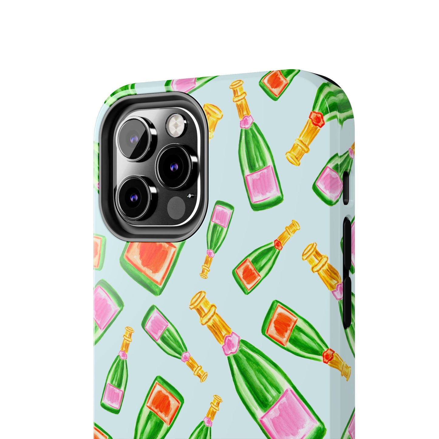 Tossed Pink and Green & Orange and Green Watercolor Illustrated Champagne Bottles Pattern Light Blue Tough Phone Case | Various Models