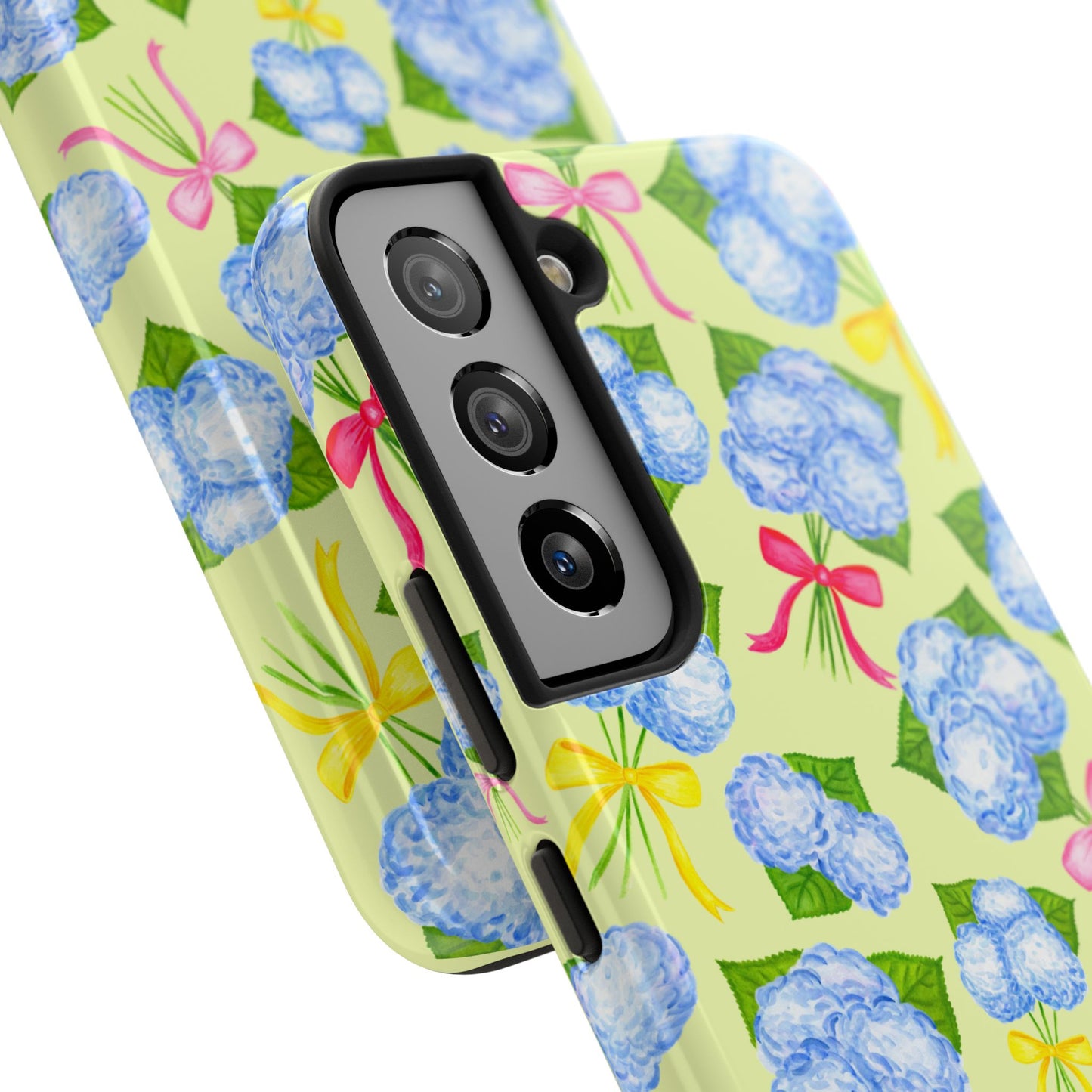 Blue Watercolor Hydrangea Bunches with Hot Pink, Yellow, Light Pink Bows Illustrated Patterned Yellow Tough Phone Case | Various Models
