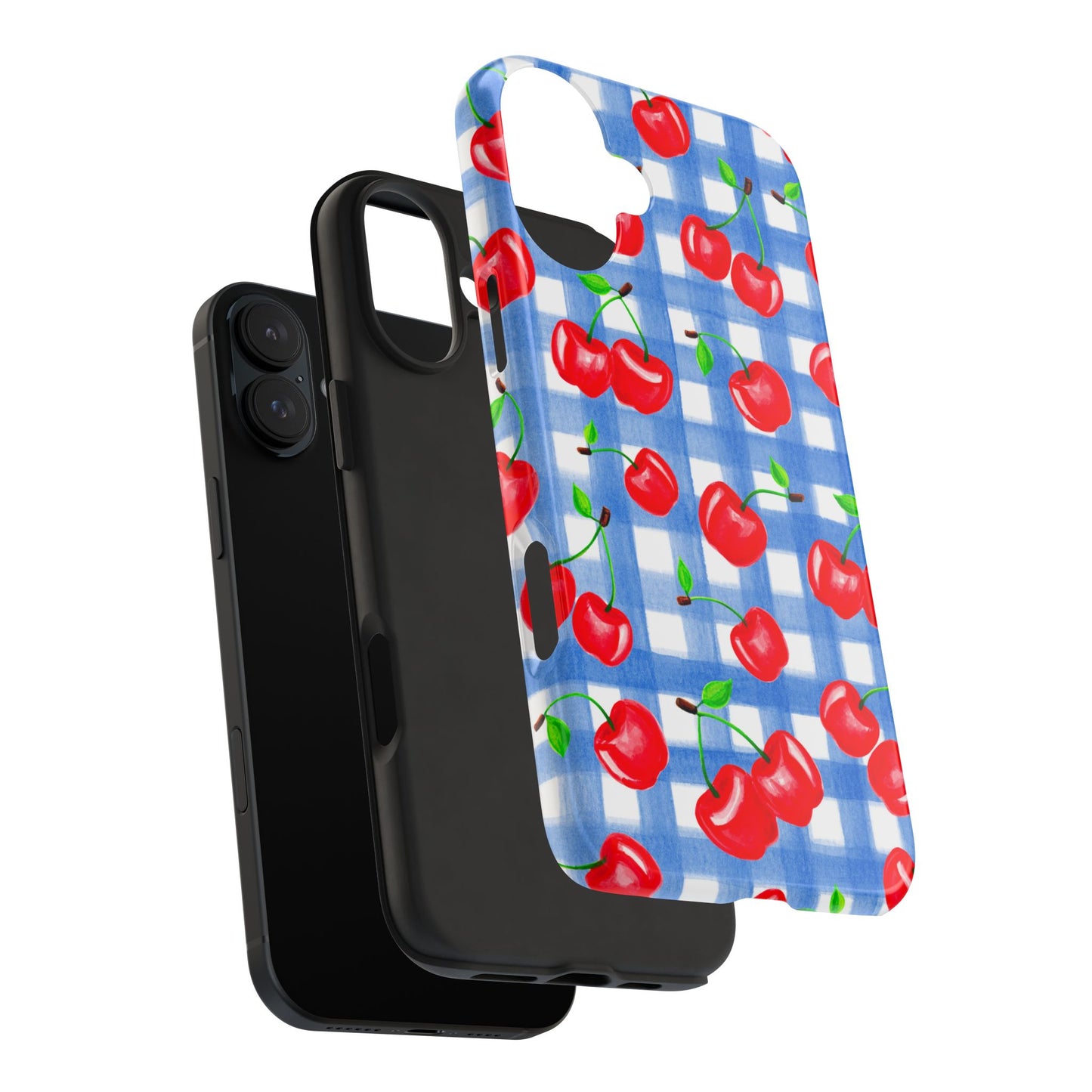 Tossed Red Watercolor Illustrated Cherries Light Blue Gingham Tough Phone Case | Various Models