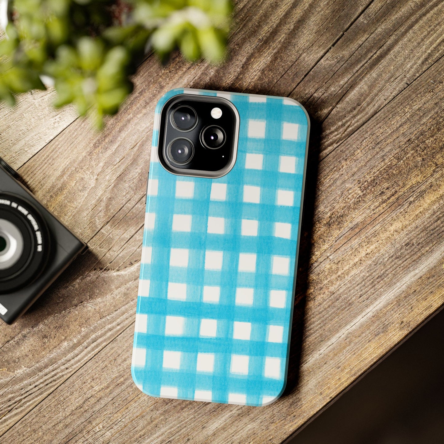 Turquoise Gingham Watercolor Illustrated Tough Phone Case | Various Models Available