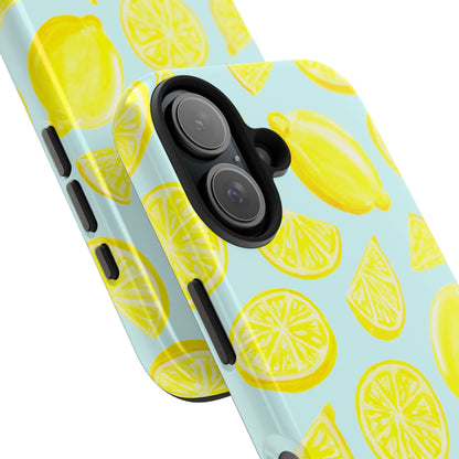 Bright Yellow Lemons Watercolor Illustrated Tossed Pattern Light Blue Tough Phone Case | Various Models