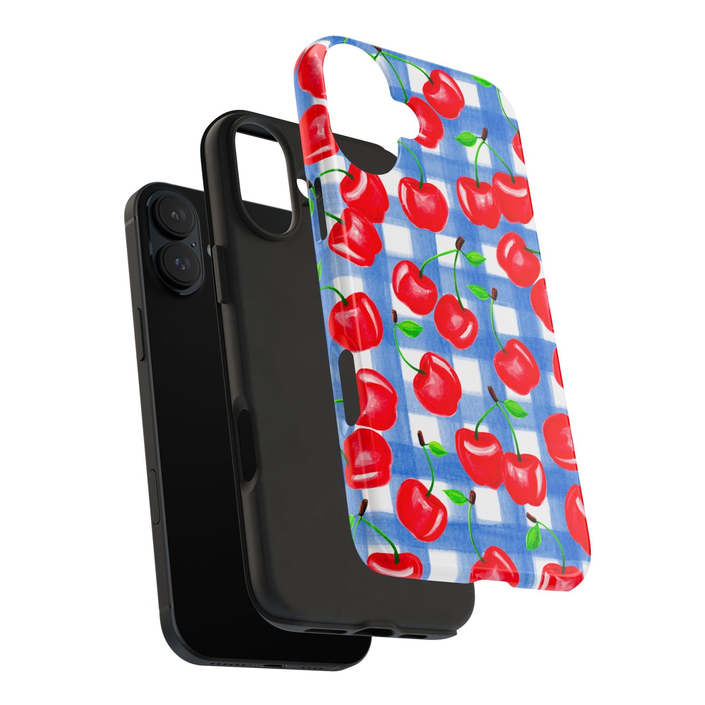 Tossed Red Cherries Blue Gingham Checkered Watercolor Illustrated Tough Phone Case | Various Models