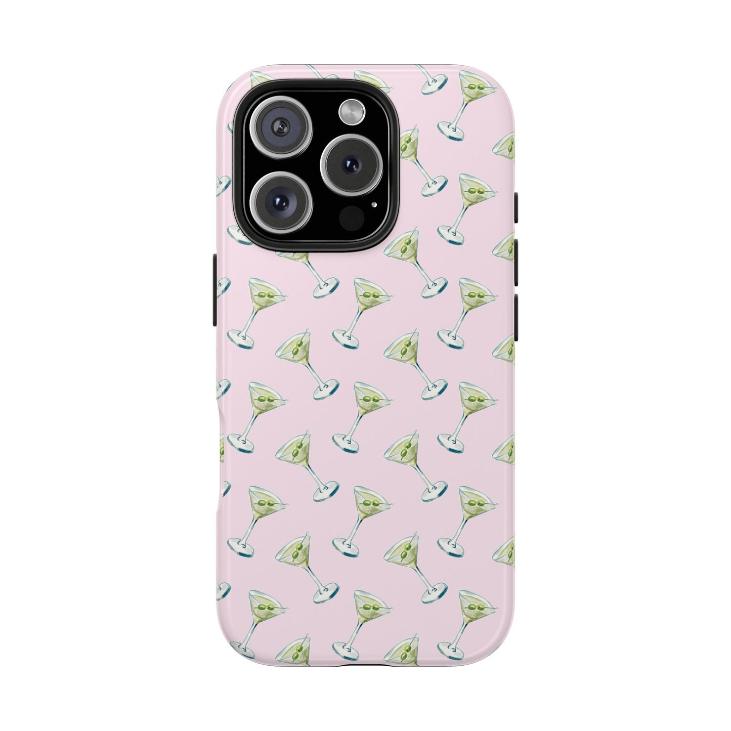 Light Pink Mini Martini Watercolor Illustrated Tossed Pattern Tough Phone Case | Various Models Available iPhone 16 Pro