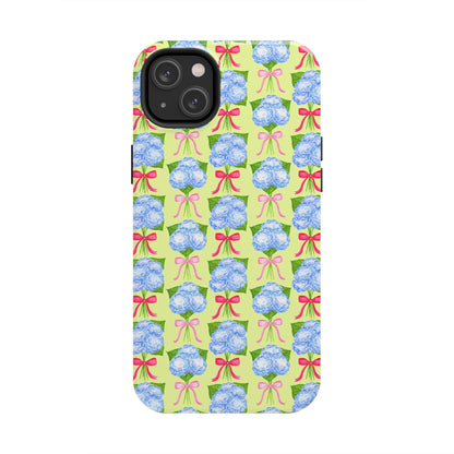 Watercolor Blue Hydrangea Bouquets with Hot Pink and Light Pink Bow Ribbons Illustrated Pattern Yellow Tough Phone Case | Various Models