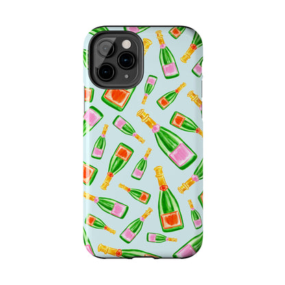 Tossed Pink and Green & Orange and Green Watercolor Illustrated Champagne Bottles Pattern Light Blue Tough Phone Case | Various Models