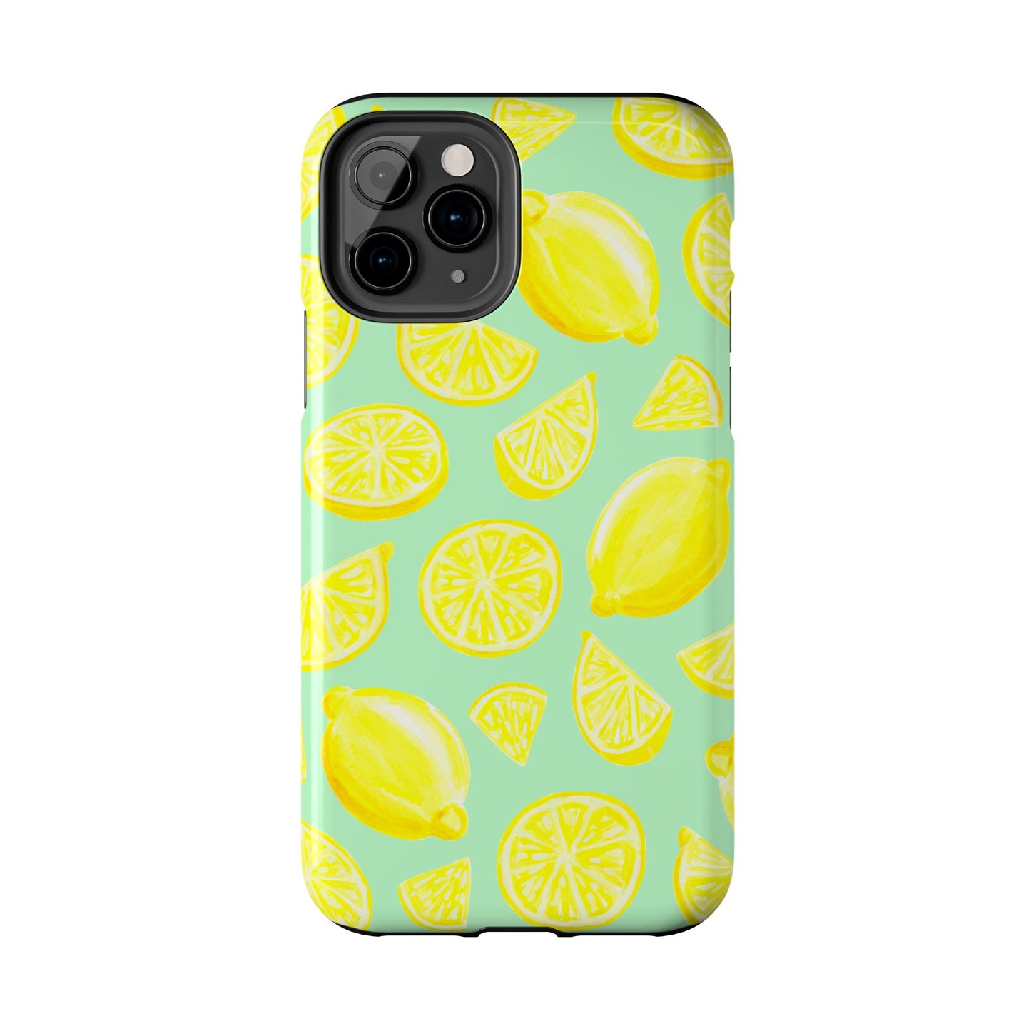 Bright Yellow Lemons Watercolor Illustrated Tossed Pattern Mint Green Tough Phone Case | Various Models