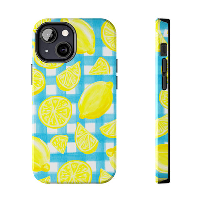 Yellow Lemons & Turquoise Gingham Watercolor Illustrated Tough Phone Case | Various Models Available