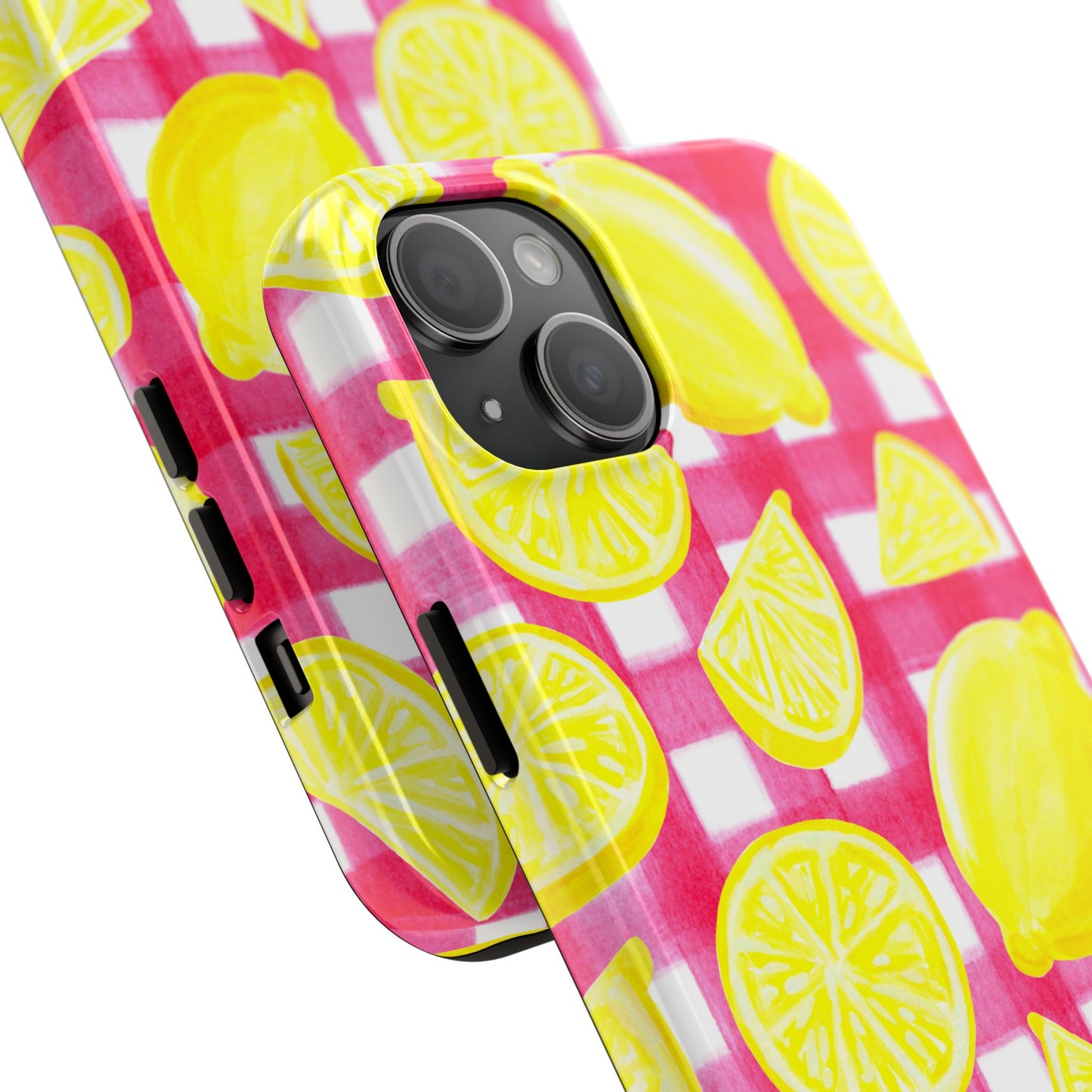 Yellow Lemons & Hot Pink Gingham Watercolor Illustrated Tough Phone Case | Various Models Available