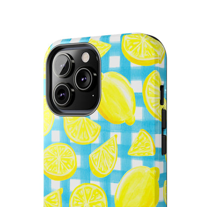 Bright Yellow Lemons Watercolor Illustrated Tossed Pattern Turquoise Gingham Tough Phone Case | Various Models
