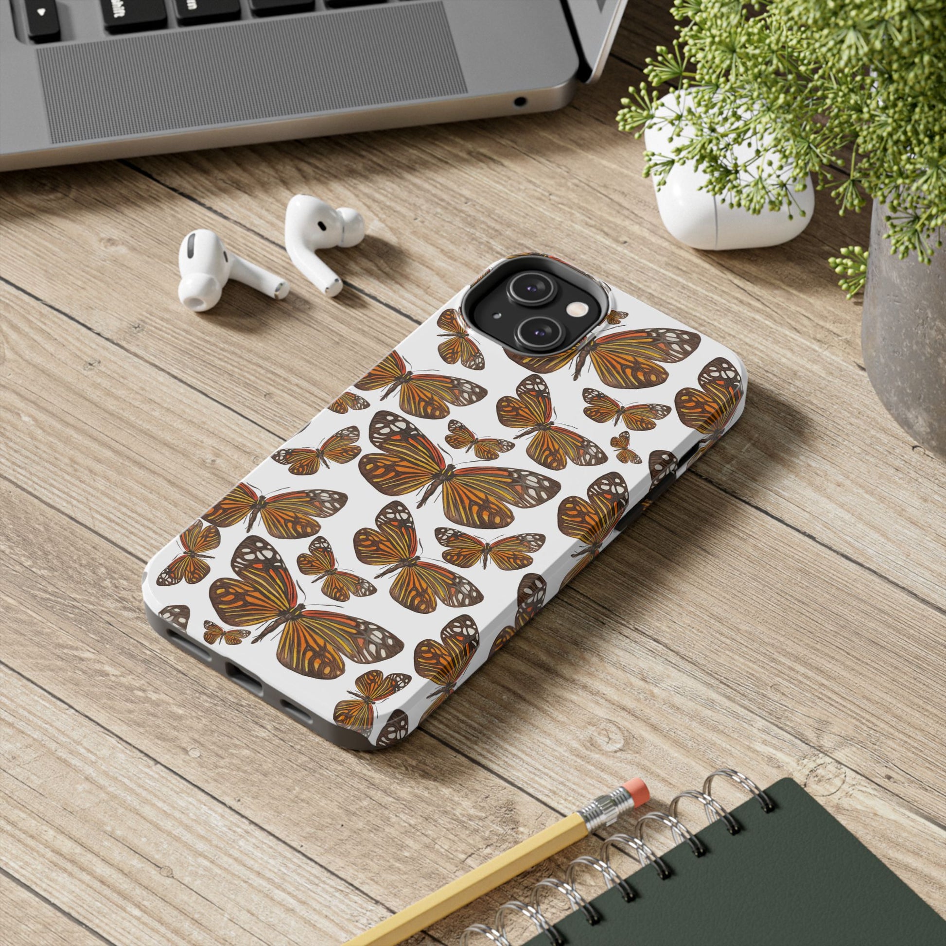 Black & Orange Butterfly Watercolor Illustrated Tossed Pattern Tough Phone Case | Various Models