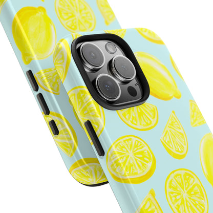Bright Yellow Lemons Watercolor Illustrated Tossed Pattern Light Blue Tough Phone Case | Various Models