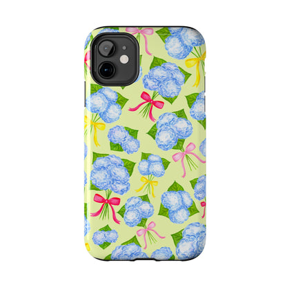 Blue Watercolor Hydrangea Bunches with Hot Pink, Yellow, Light Pink Bows Illustrated Patterned Yellow Tough Phone Case | Various Models