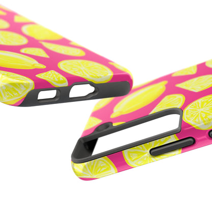 Bright Yellow Lemons Watercolor Illustrated Tossed Pattern Watermelon Pink Tough Phone Case | Various Models