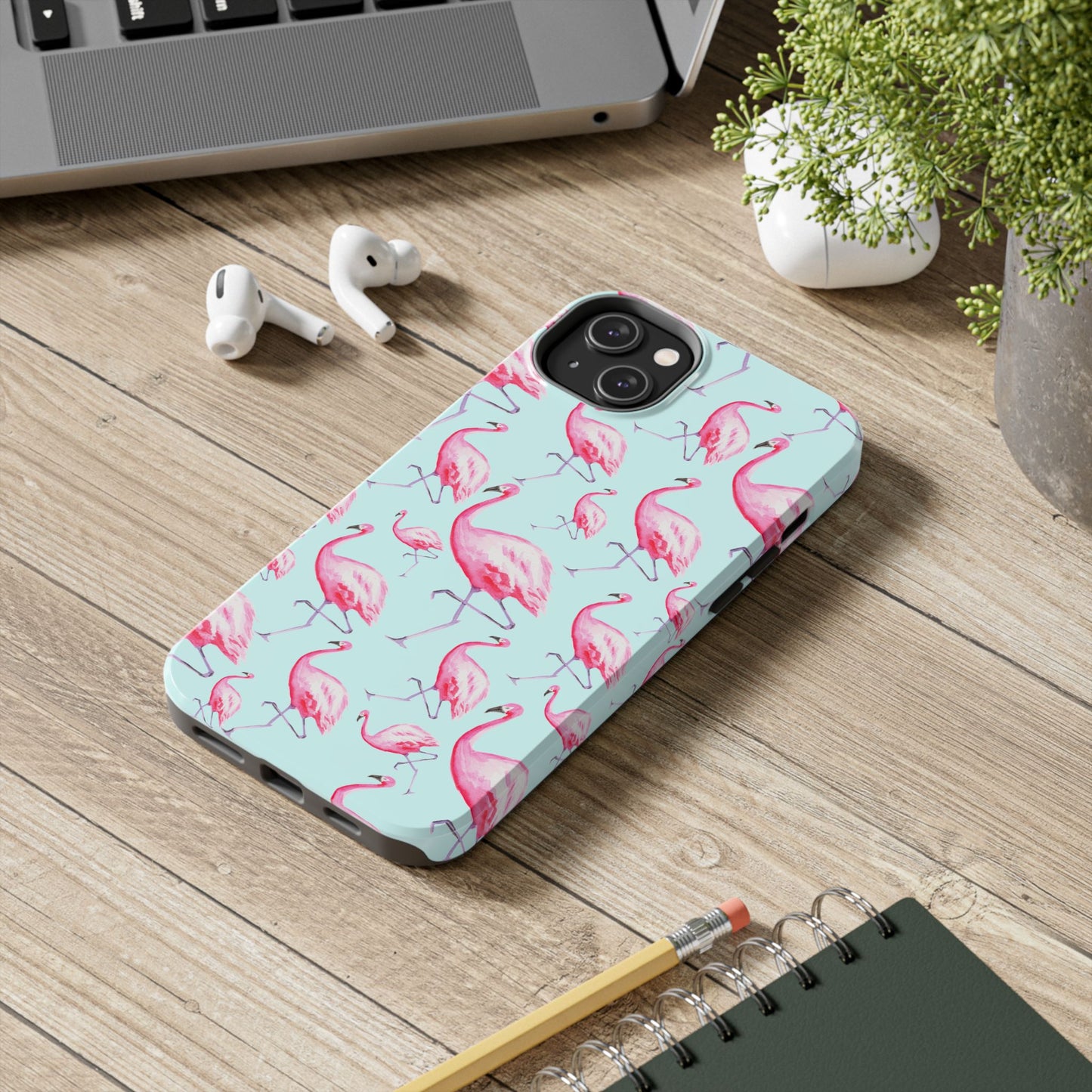 Pink Flamingos Watercolor Illustrated Tossed Pattern Blue Phone Case | Various Models