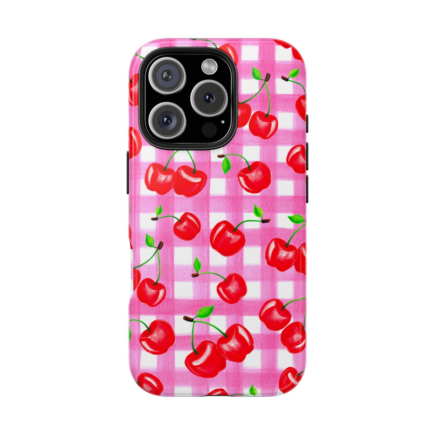 Tossed Red Watercolor Cherries Illustrated Pattern Light Pink Gingham Tough Phone Case | Various Models