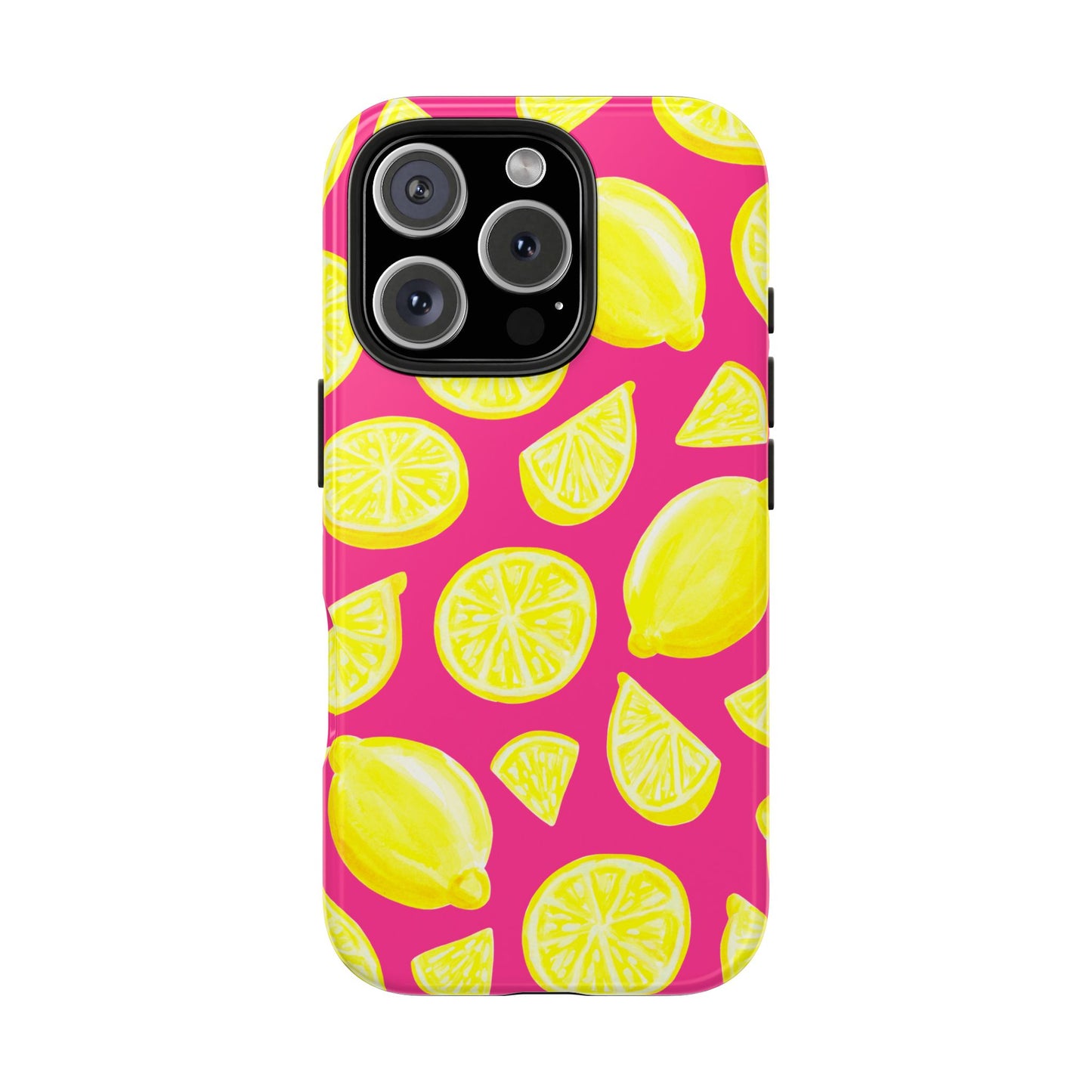 Bright Yellow Lemons Watercolor Illustrated Tossed Pattern Watermelon Pink Tough Phone Case | Various Models