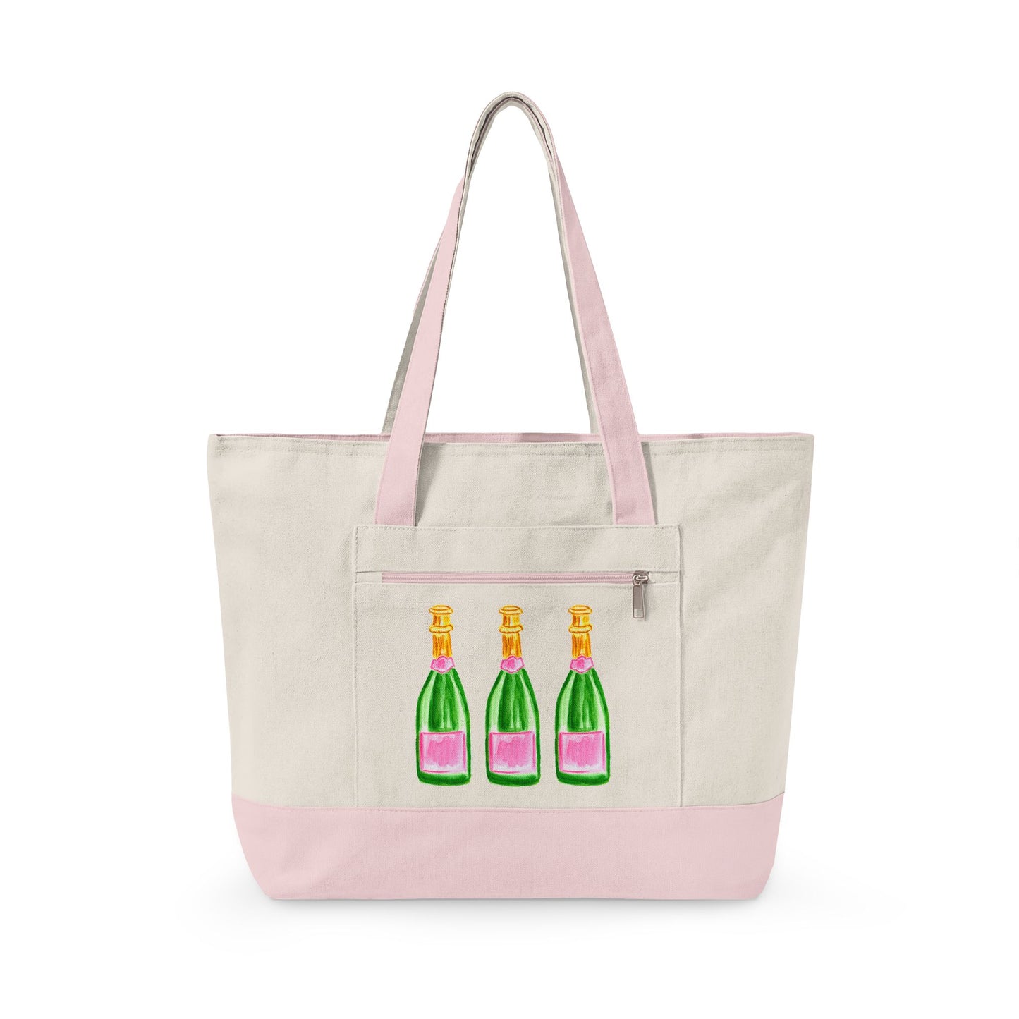Pink & Green Champagne Bottle Trio Watercolor Printed Zippered Canvas Tote 18" x 14" | Various Colors 18" x 14" x 4.5" Natural Light Pink