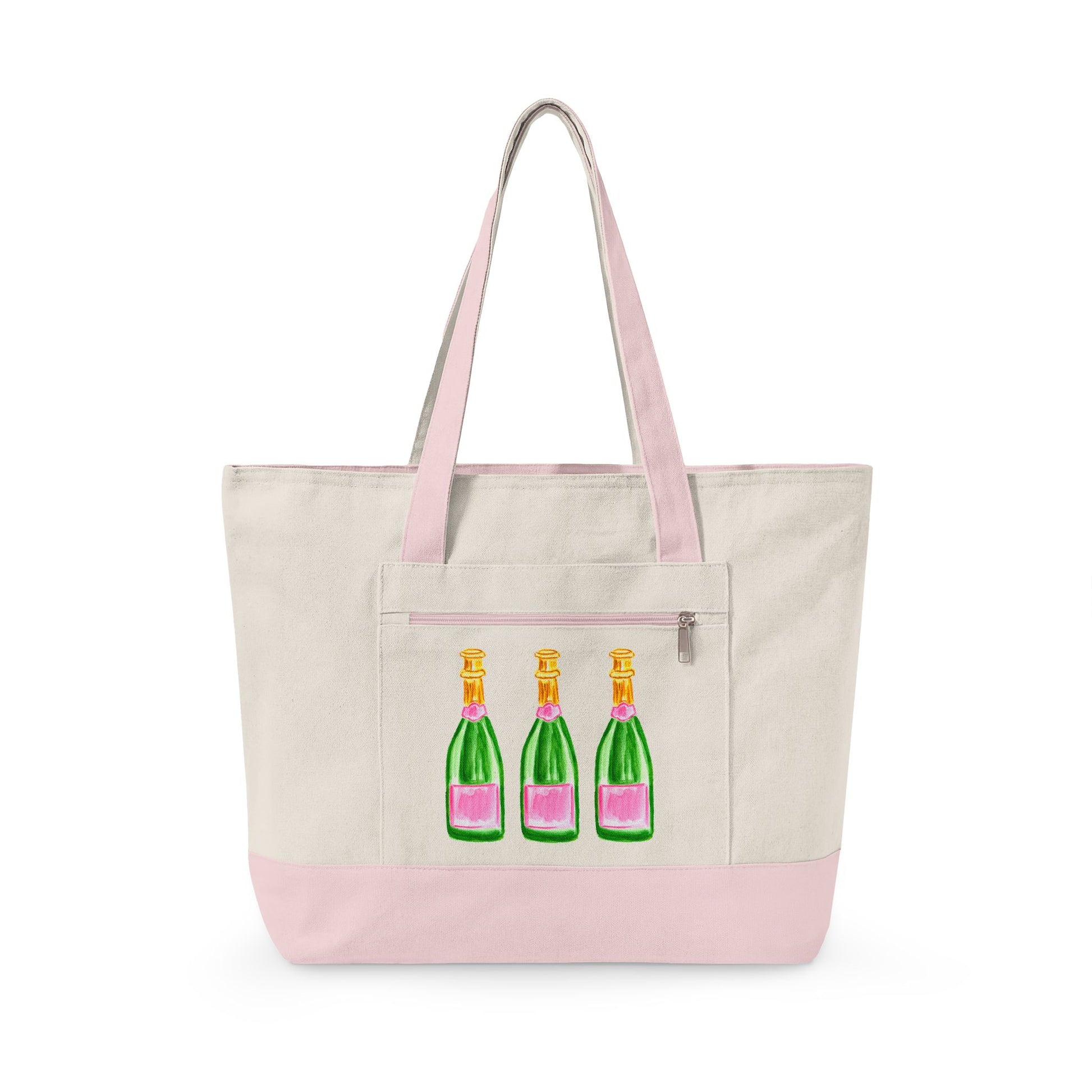 Pink & Green Champagne Bottle Trio Watercolor Printed Zippered Canvas Tote 18" x 14" | Various Colors 18" x 14" x 4.5" Natural Light Pink