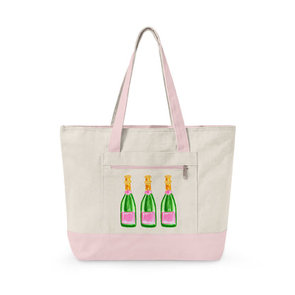 Pink & Green Champagne Bottle Trio Watercolor Printed Zippered Canvas Tote 18" x 14" | Various Colors 18" x 14" x 4.5" Natural Light Pink