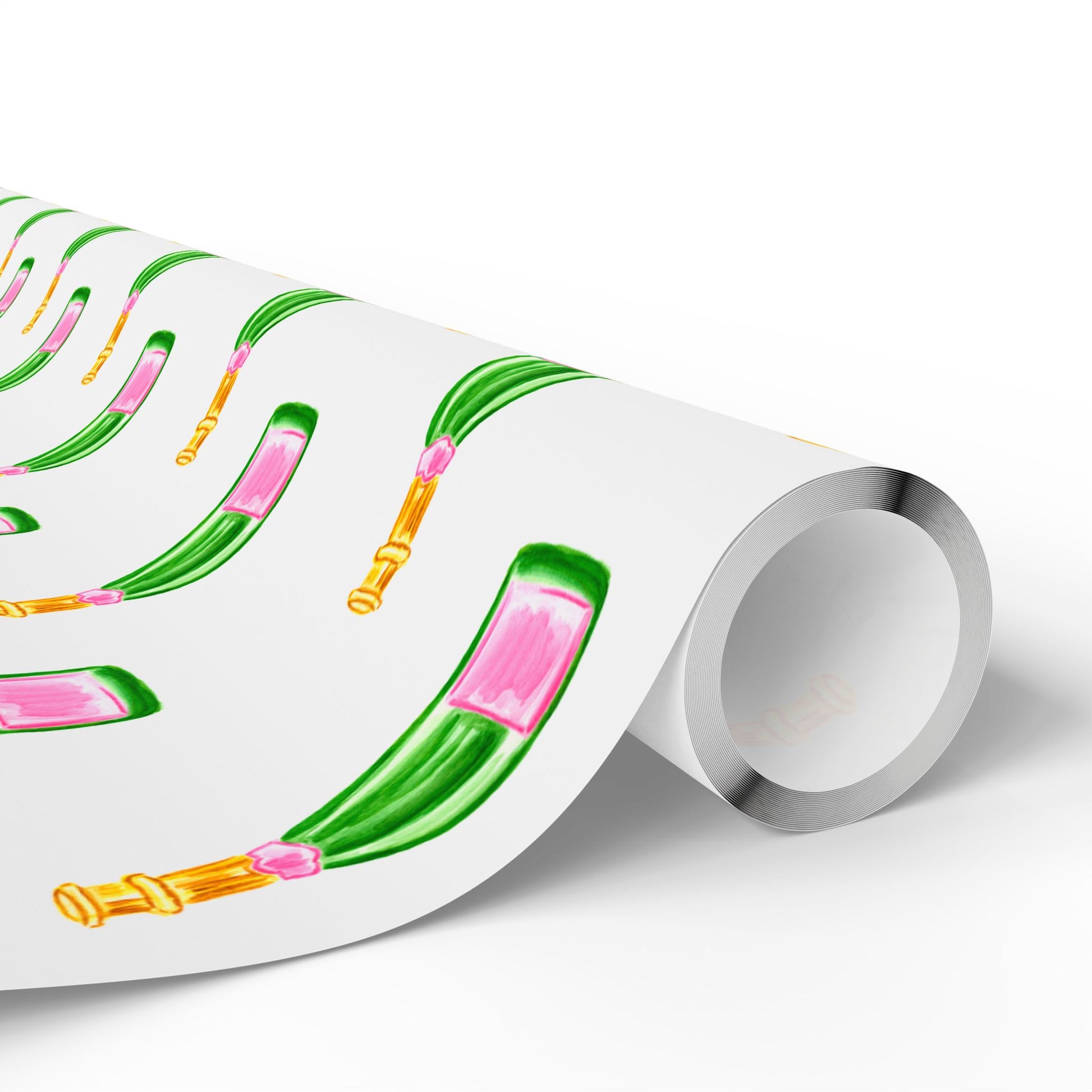 Gift Wrap | White Watercolor Pink & Green Champagne Bottles Pattern | Matte or Glossy