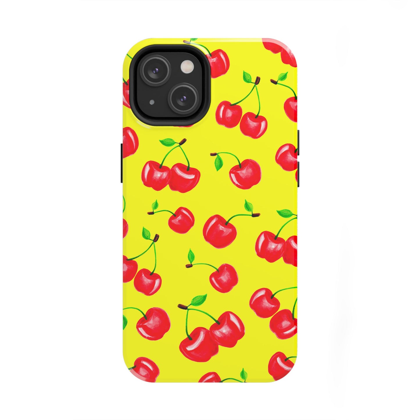 Tossed Red Watercolor Cherries Illustrated Pattern Bright Yellow Tough Phone Case | Various Models