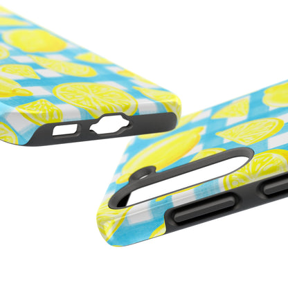 Yellow Lemons & Turquoise Gingham Watercolor Illustrated Tough Phone Case | Various Models Available